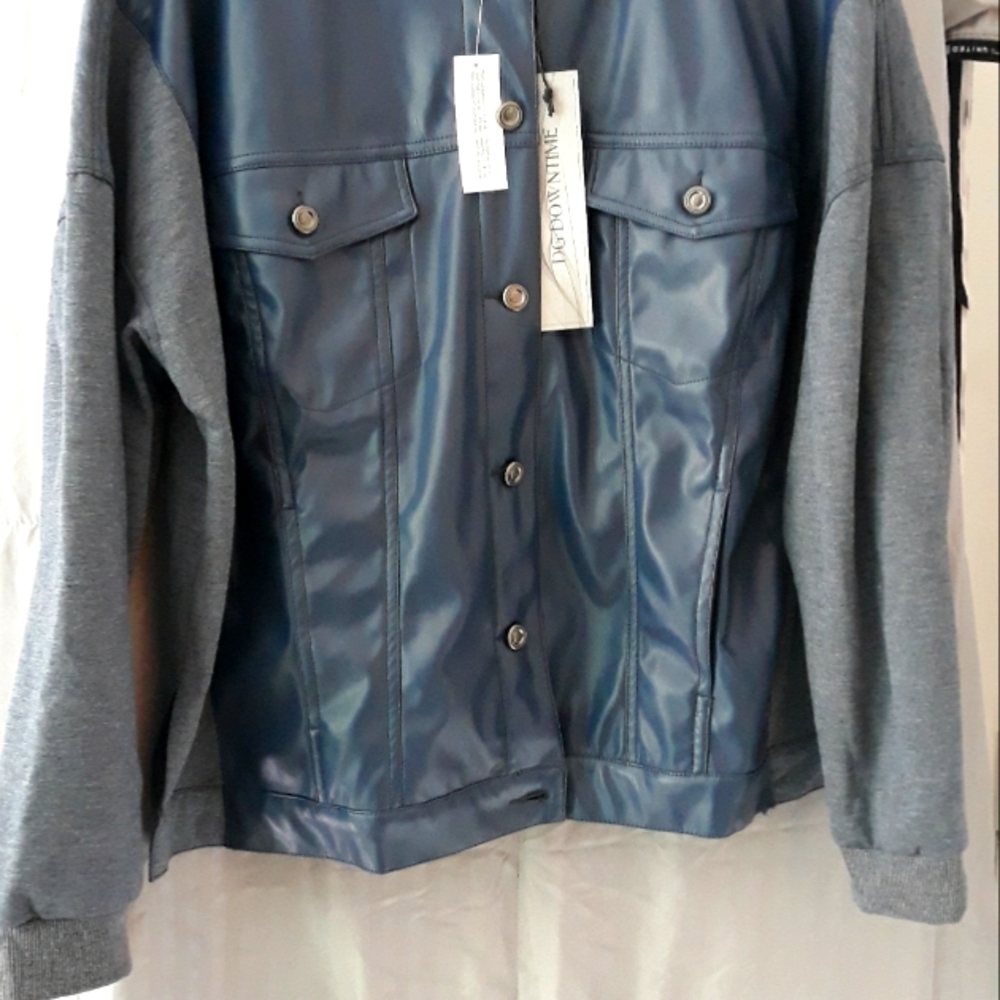 Brand new blue faux leather and jersey hoodie jacket